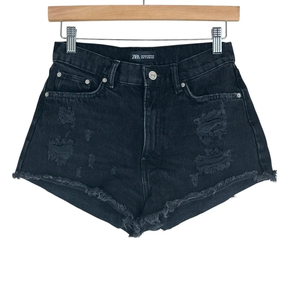 Zara High Rise Distressed Raw Hem Denim Shorts Black Edgy Grunge Size 2